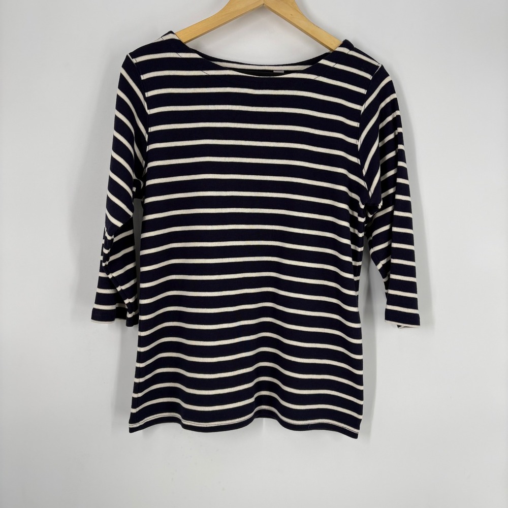 LL Bean Womens Ribbed Knit Striped Boat Neck Top Size L Nautical Coastal